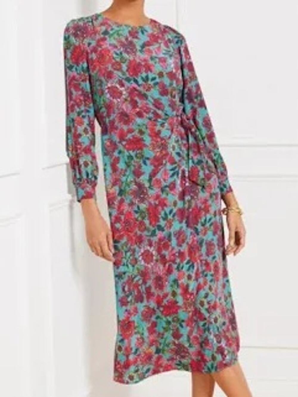 NWT Talbots Side Tie Floral Dress Modest Faux Wrap Work Long Sleeve Womens 10